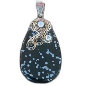 Sejan Sterling Pendant Snowflake Obsidian Rainbow Moonstones Black Star Diopside